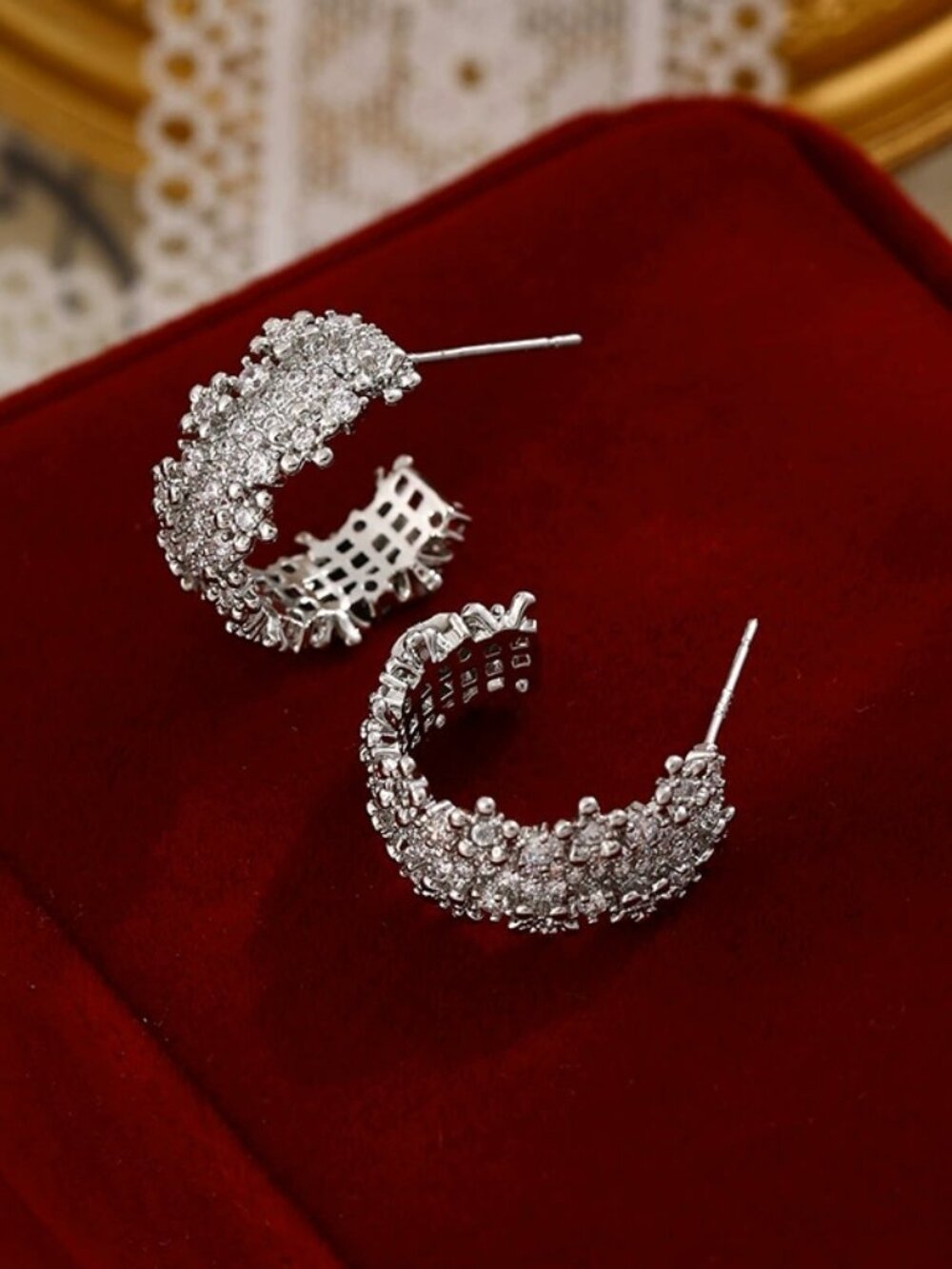 Sparkling Pavé CZ Silver-Tone C-Hoop Earrings